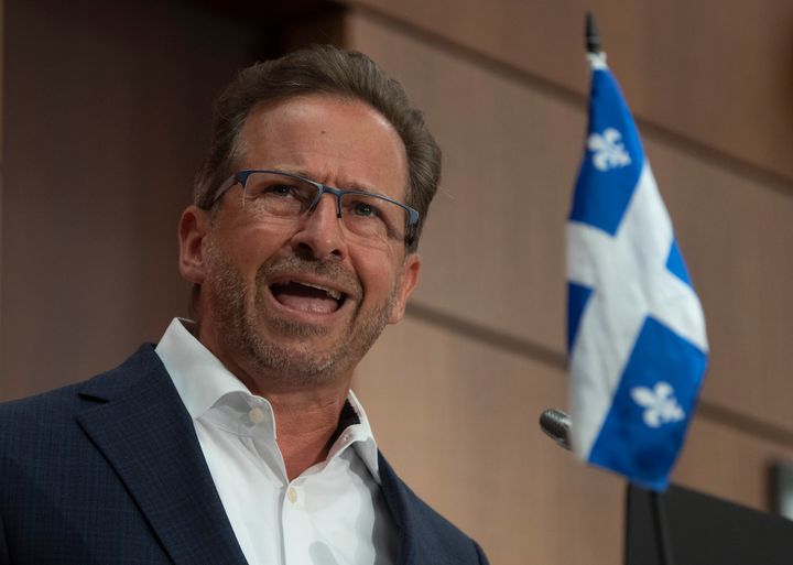 Bloc Quebecois Leader Yves-Francois Blanchet delivers his opening remarks during a news conference in Ottawa on Aug. 12, 2020. 