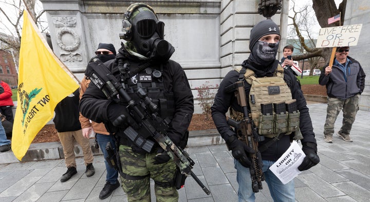 Members of the Boogaloo movement attend a demonstration against COVID-19 lockdowns in Concord, New Hampshire, in April. 