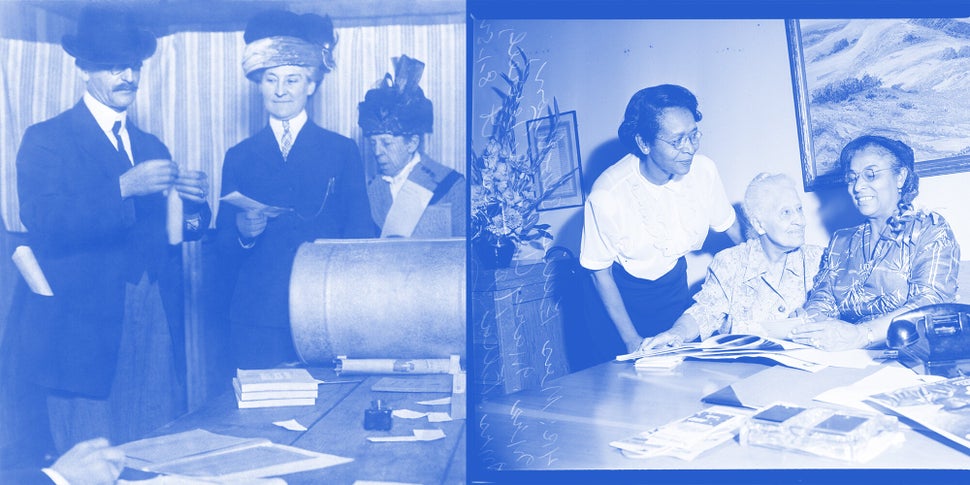 Some women quickly gained the right to vote after passage of the 19th Amendment. Others waited far longer. Right: Activists, including Mary Church Terrell (center) and Ella P. Stewart (right), at the National Association of Colored Women's 1952 conference. Illustration: Isabella Carapella/ HuffPost; Photos: Getty Images