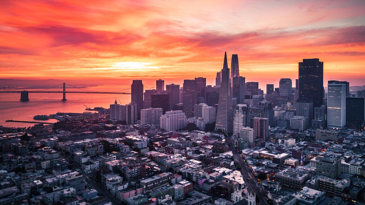 San Francisco Skyline with Colorful and Dramatic Sunrise