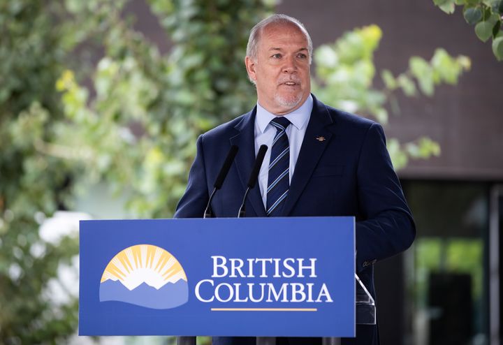 B.C. Premier John Horgan speaks during an announcement in Surrey, B.C., on Aug. 6, 2020. 