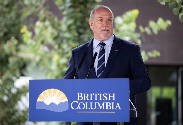 B.C. Premier John Horgan speaks during an announcement in Surrey, B.C., on Aug. 6, 2020.