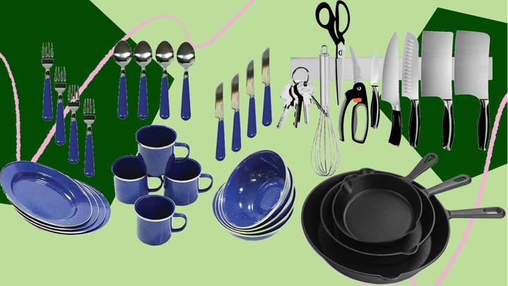 RV kitchen accessories to have on hand include things like a camping dinnerware set, a cast-iron skillet for cooking indoors or over an open flame at campsites, and a magnetic knife holder to save counter space.