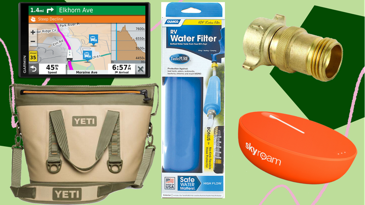 Every RV owner needs these essentials on hand: an RV GPS, which can give you customized routes to avoid things like narrow roads and low bridges; a Wi-Fi hotspot so you can stay connected wherever you go; a water pressure regulator to prevent busted pipes; an RV water filtration system; and a Yeti Hopper Two 30 Cooler bag to use on the road.