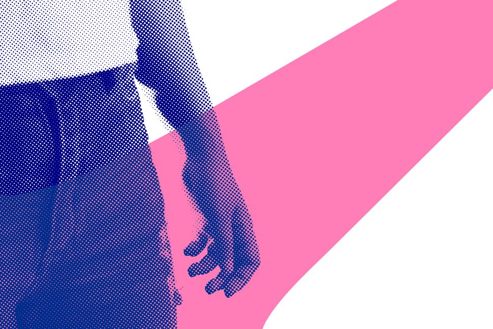Female with hand down beside thigh in halftone retro effect - Duotone pink stripe and blue punk rock style dots filter with torso of woman with copy space - teenager, cancer and graphic concept