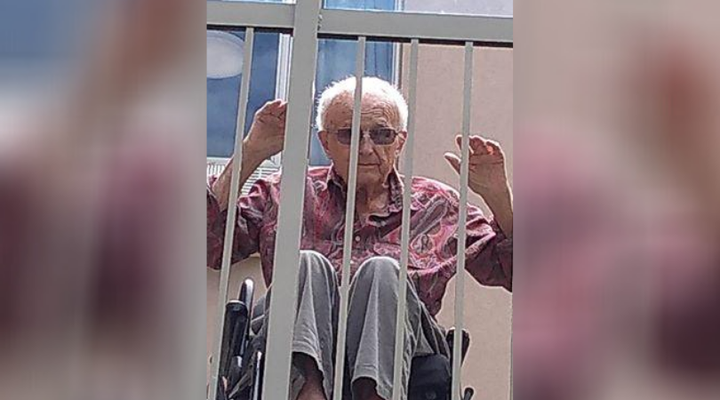 Norman Hoar on a balcony at Heritage Green Nursing Home in Stoney Creek, Ont. in May 2020.