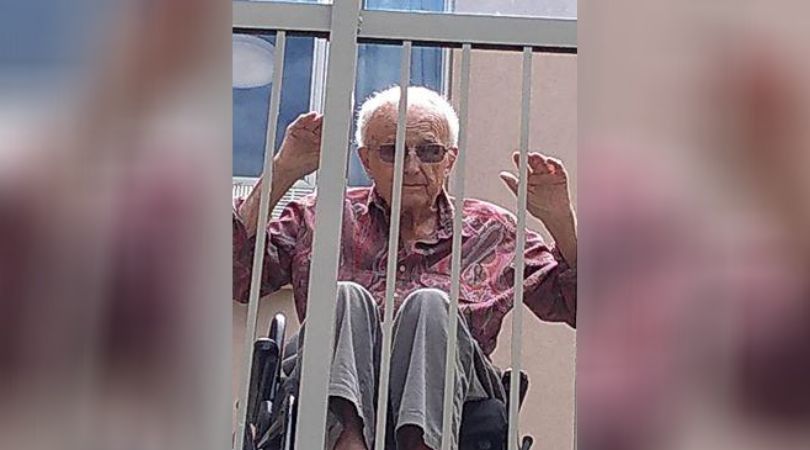 Norman Hoar on a balcony at Heritage Green Nursing Home in Stoney Creek, Ont. in May 2020. 