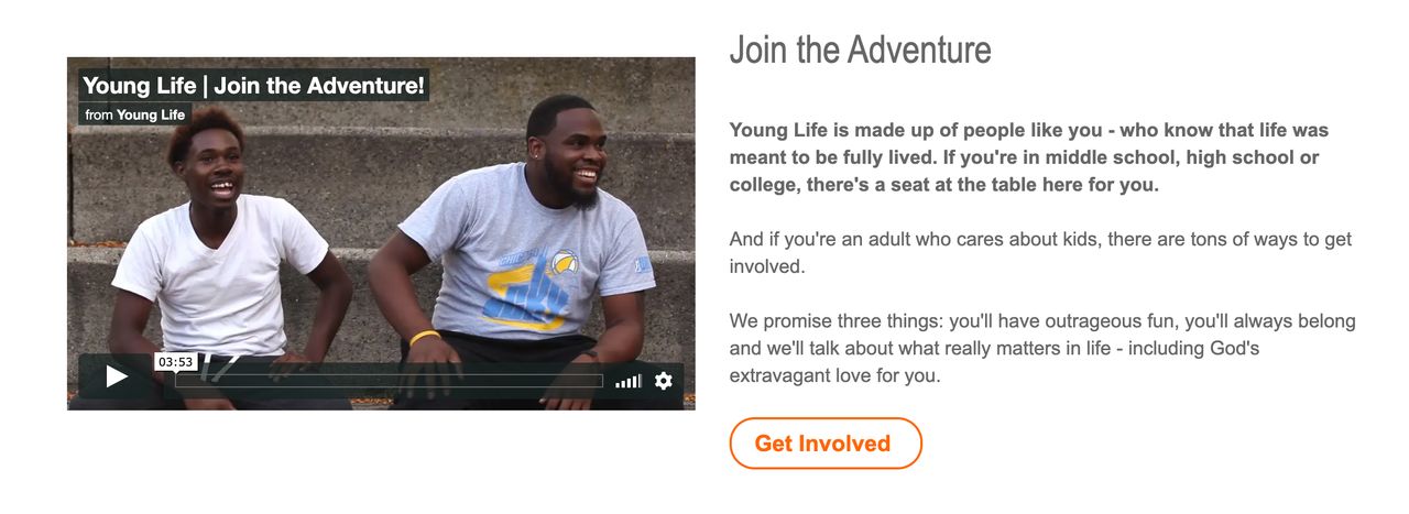 Young Life's website (pictured in a screenshot) states that "if you're in middle school, high school or college, there's a seat at the table here for you."