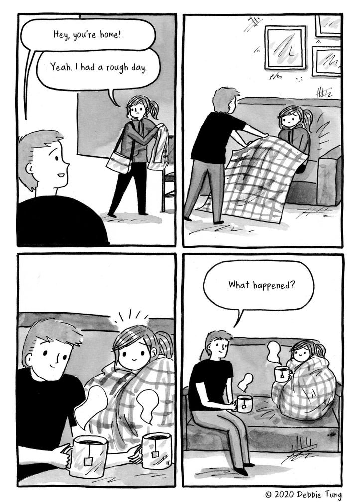 A cup of tea, a cozy blanket and a supportive partner take the sting out of a bad day.