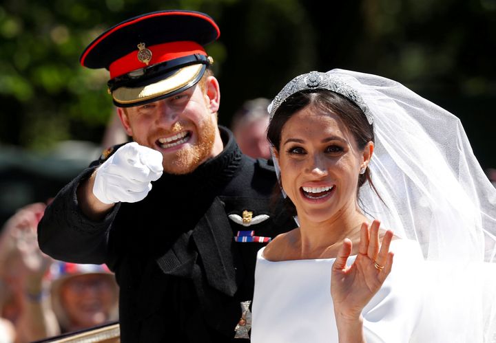 The Duke and Duchess of Sussex beaming with joy on their wedding day in 2018.