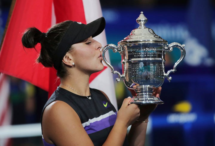 Bianca Andreescu kisses her trophy after winning the U.S. Open on Sept. 7, 2019 in New York. 