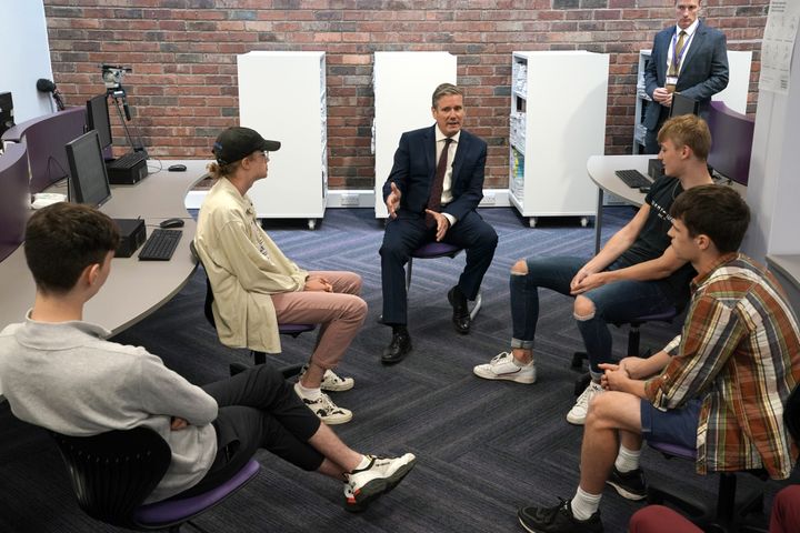 Labour leader Sir Keir Starmer talking to students at Queen Elizabeth Sixth Form College, Darlington, after they received their A-Level results.