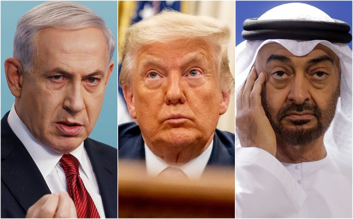 Benjamín Netanyahu, Donald Trump y Mohammed Bin Zayed.
