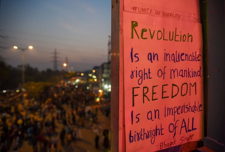 A slogan by Bhagat Singh on a placard at Shaheen Bagh, on February 9, 2020 in New Delhi, India. 