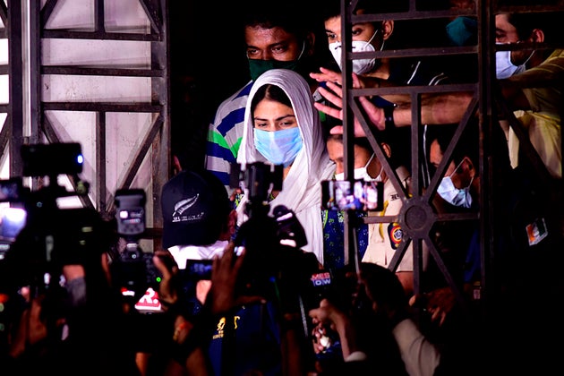 Actress Rhea Chakraborty leaves the Enforcement Directorate (ED) office after being questioned in Mumbai...