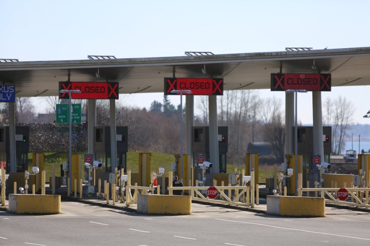 The U.S. side of the U.S.-Canada border is seen here near Seattle on March 18. The border was closed to non-essential travel in March with several extensions since then.