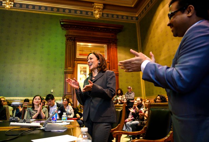 South Asians are largely celebrating Joe Biden's choice to put Californian Kamala Harris on the Democratic presidential ticket. Here, the senator -- then a presidential candidate -- is seen speaking to the Asian and Latino Coalition at the Iowa Statehouse in February 2019.