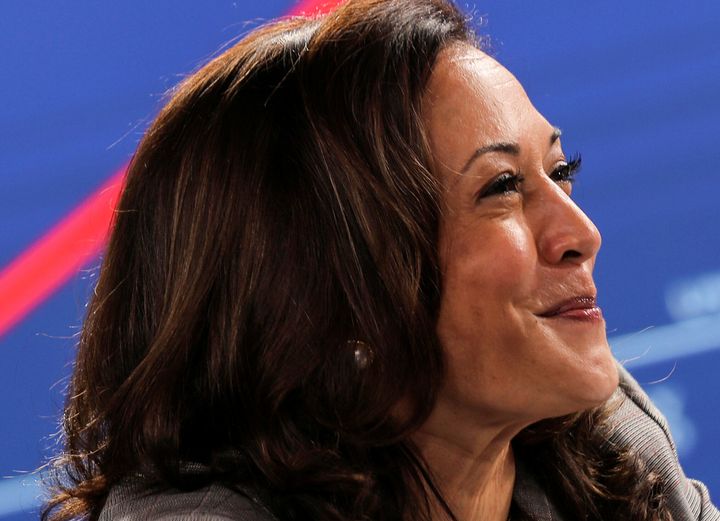 Presumptive Democratic vice presidential nominee Kamala Harris participates in a briefing on the coronavirus during a campaign stop in Wilmington, Delaware, on Aug. 13, 2020. 