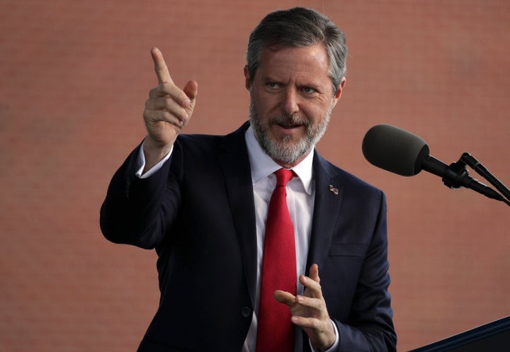 Jerry Falwell Jr. speaks during a commencement ceremony at Liberty University on May 13, 2017 in Lynchburg, Virginia.&nb