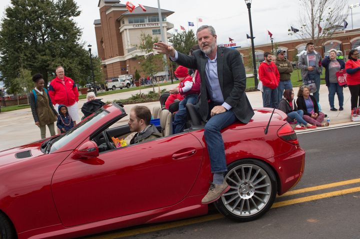 President of Liberty University Jerry Falwell Jr. rides in the annual homecoming weekend parade on October 20, 2018 in Lynchburg, Virginia. 