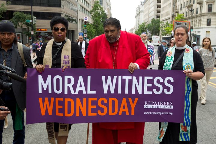 In this Wednesday, June 12, 2019 file photo, Rev. William Barber and fellow faith leaders march to the White House to protest Trump administration policies that hurt the poor and marginalized.