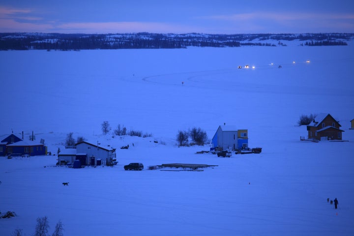 Evening rush hour traffic on the frozen Great Slave Lake.