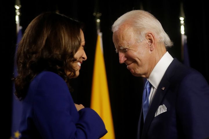Presumptive Democratic presidential nominee Joe Biden (right) mentioned Kamala Harris' work on the Senate intelligence committee during their first joint campaign event and she said they plan to ”bring back critical supply chains so the future is made in America.”