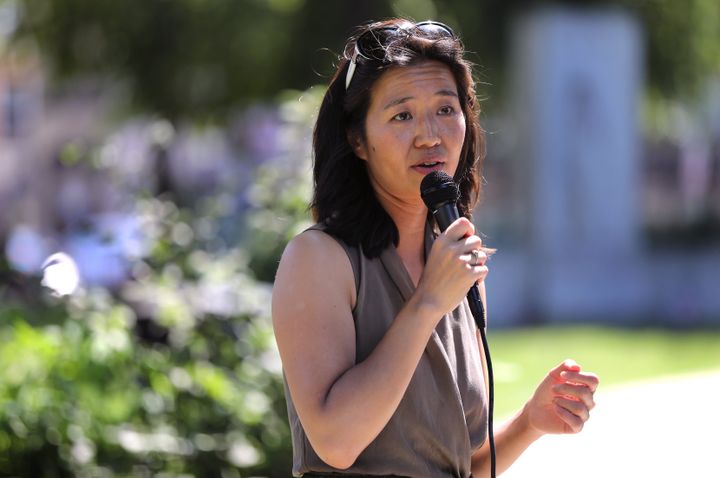 Michelle Wu speaks to voters at Adams Park in the Roslindale neighborhood of Boston.