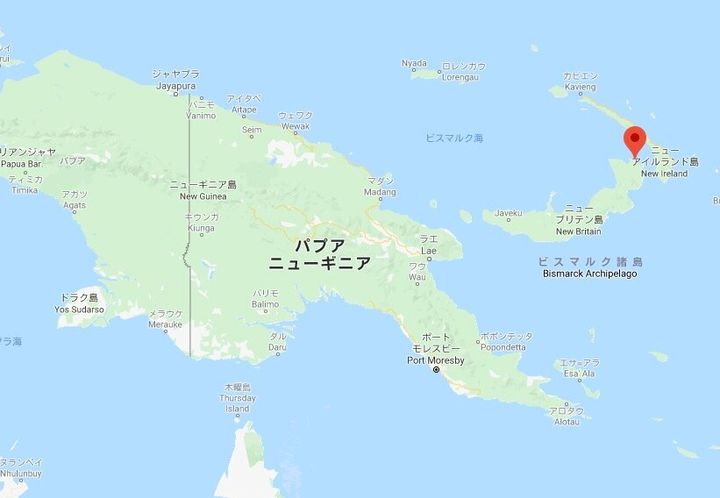 ニューブリテン島のラバウルの位置（Google マップより）