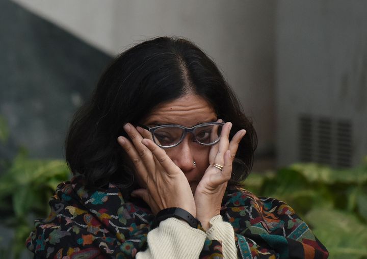 NEW DELHI, INDIA - JANUARY 15: Actor and social activist Sadaf Jafar breaks down while speaking about her time in jail, during a press conference highlighting human rights violations by the Uttar Pradesh Government, at Press Club on January 15, 2020 in New Delhi, India. (Photo by Biplov Bhuyan/Hindustan Times via Getty Images)