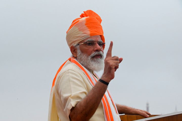India's Prime Minister Narendra Modi gestures as he delivers a speech to the nation during a ceremony to celebrate India's 74th Independence Day, which marks the of the end of British colonial rule, at the Red Fort in New Delhi on August 15, 2020. (Photo by Prakash SINGH / AFP) (Photo by PRAKASH SINGH/AFP via Getty Images)