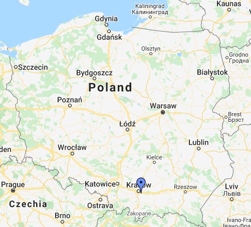 Εικ. 1: Η γεωγραφική θέση του αλατωρυχείου της Wieliczka. Πηγή: Google maps
