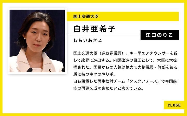 国土交通大臣・白井亜希子役を演じる江口のりこさんの紹介ページ