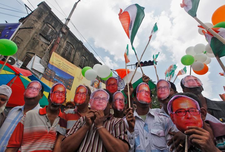 A 2012 photo of Congress workers in Kolkata celebrating Mukherjee becoming president.