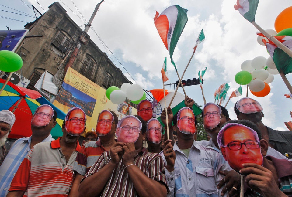A 2012 photo of Congress workers in Kolkata celebrating Mukherjee becoming