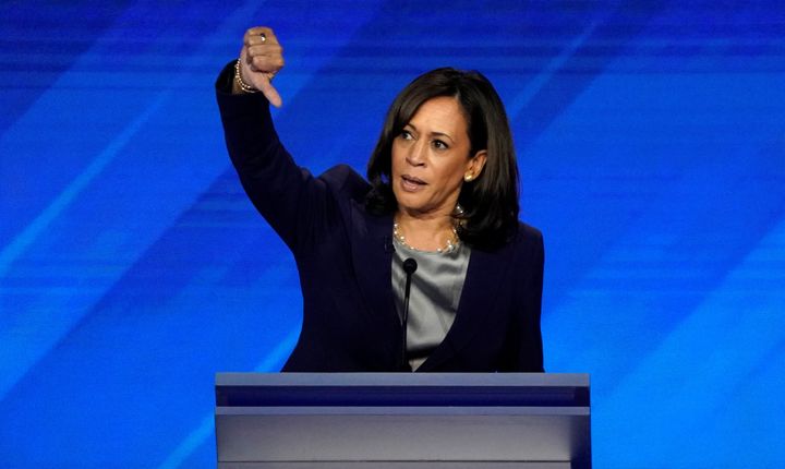 Senator Kamala Harris gives a thumbs down as she speaks during the 2020 Democratic U.S. presidential debate in Houston, Texas, U.S., September 12, 2019. REUTERS/Mike Blake TPX IMAGES OF THE DAY