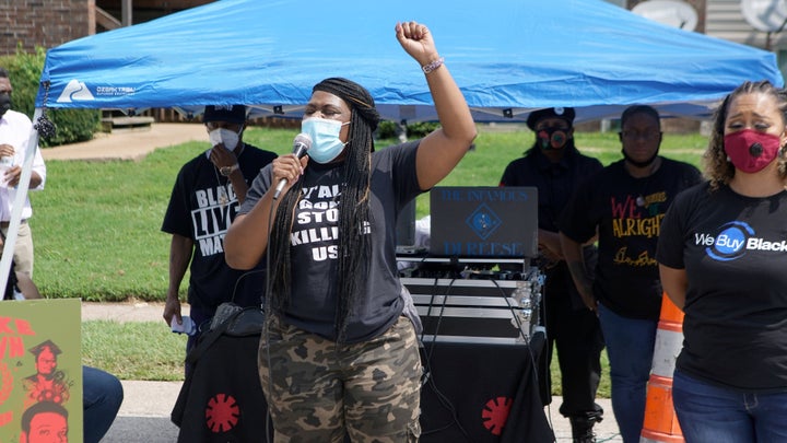 Cori Bush speaks at an Aug. 9 event marking six years since Michael Brown Jr. was shot dead by police in Ferguson, Missouri.