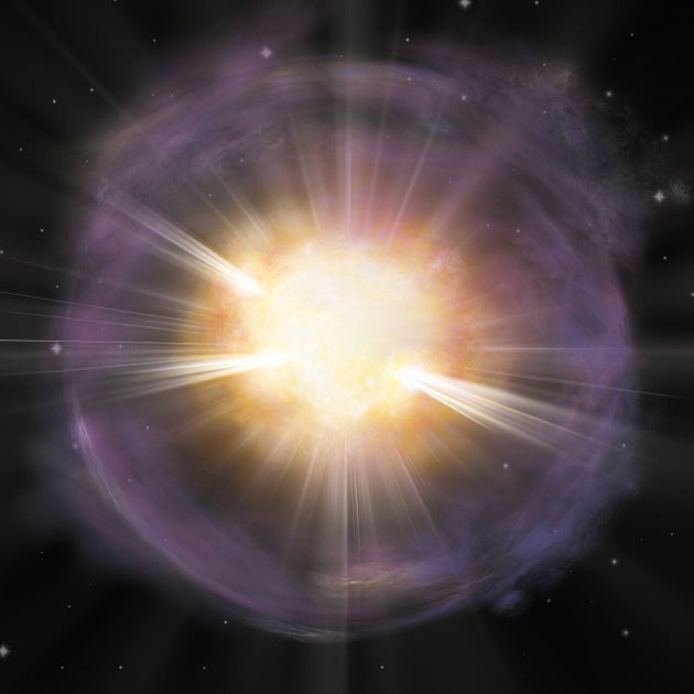Καλλιτεχνική απεικόνιση της σουπερνόβα SN2019ehk. Με πορτοκαλί χρώμα φαίνεται το ασβέστιο που δημιουργήθηκε από την έκρηξη και με μωβ τα αέρια του αστεριού λίγο πριν εκραγεί.