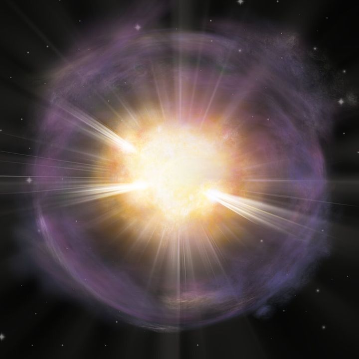 Καλλιτεχνική απεικόνιση της σουπερνόβα SN2019ehk. Με πορτοκαλί χρώμα φαίνεται το ασβέστιο που δημιουργήθηκε από την έκρηξη και με μωβ τα αέρια του αστεριού λίγο πριν εκραγεί.