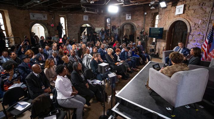 Sen. Kamala Harris (D-Calif.), now the Democratic vice presidential pick, spoke about criminal justice reform to formerly incarcerated people at Justice Votes 2020, an event she attended as a presidential candidate, at Philadelphia's Eastern State Penitentiary Historic Site on Oct. 28, 2019.