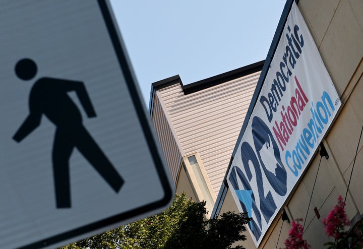 A banner of the Democratic National Convention hangs outside the Chase Center in Wilmington, Delaware, on Aug. 17.