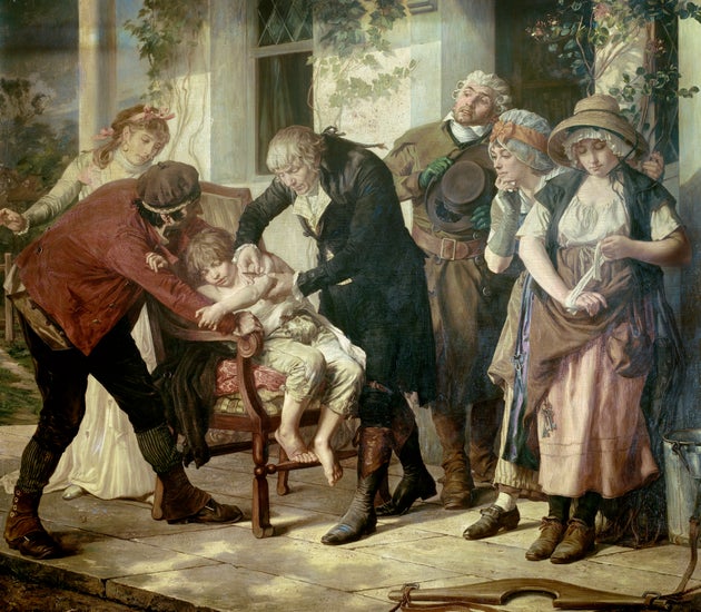 Cuadro de 1879 de Melingue Gaston que representa al doctor Jenner haciendo un pequeño corte a...