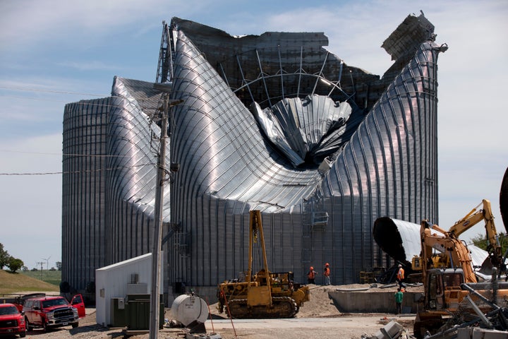 Grain bins at the Heartland Co-Op grain elevator in Malcom, Iowa, were damaged by a powerful storm that swept through Iowa on Aug. 10.