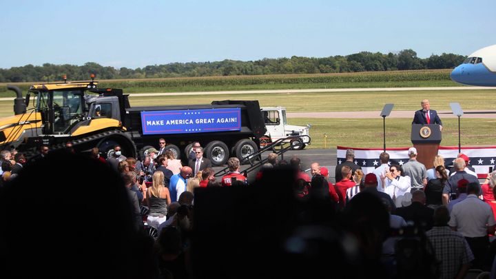 President Donald Trump speaks at a campaign stop at North Star Aviation in Mankato, Minnesota, on August 17, 2020