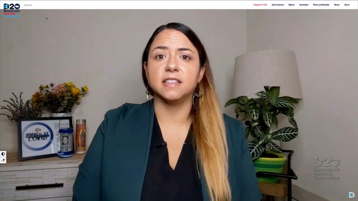 Kristin Urquiza, whose father died of the coronavirus, addresses the virtual convention on Monday.