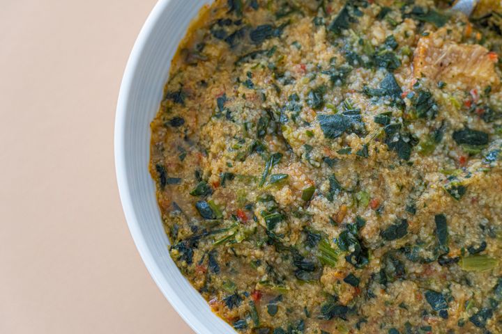 A Nigerian grain porridge prepared with fonio, vegetables and fish.