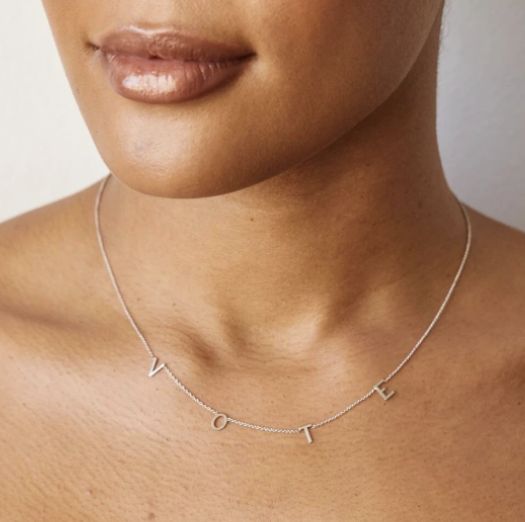 The "VOTE" necklace Michelle Obama wore during the Democratic National Convention is from ByChari, a Black-owned jewelry brand, and retails for $295. 