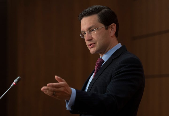 Conservative MP Pierre Poilievre speaks about the resignation of the finance minister during a news conference on Aug. 18, 2020 in Ottawa. 