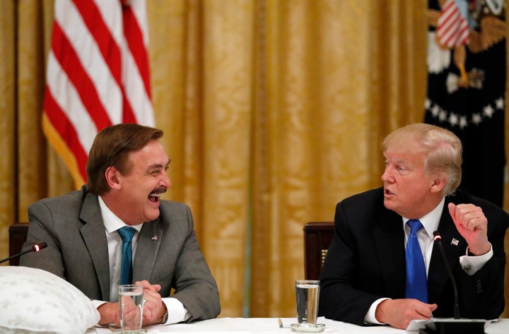 Lindell sits next to Trump during a "Made in America" roundtable event at the White House in 2017. He met with Trump again in July to discuss oleandrin's potential use against the coronavirus.