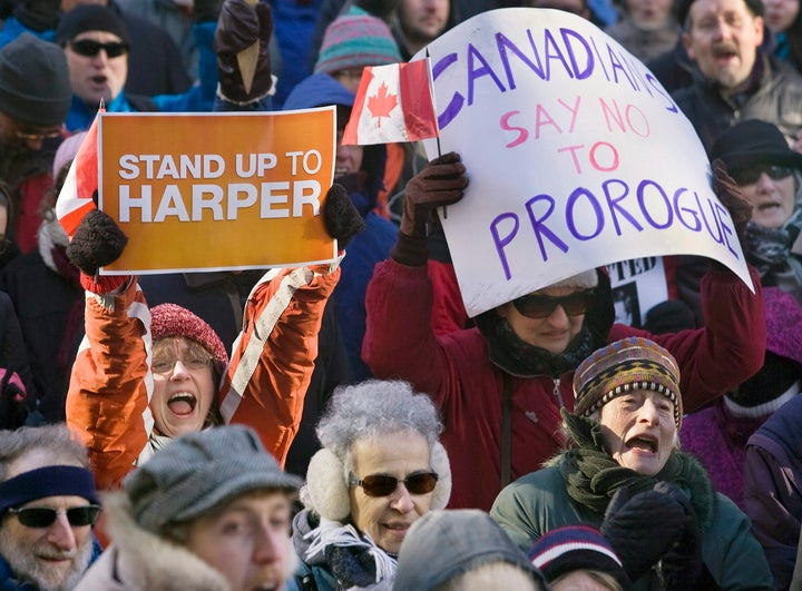 Many Canadians protested in opposition to Prime Minister Stephen Harper's move to suspend parliament for the first few months of 2010.